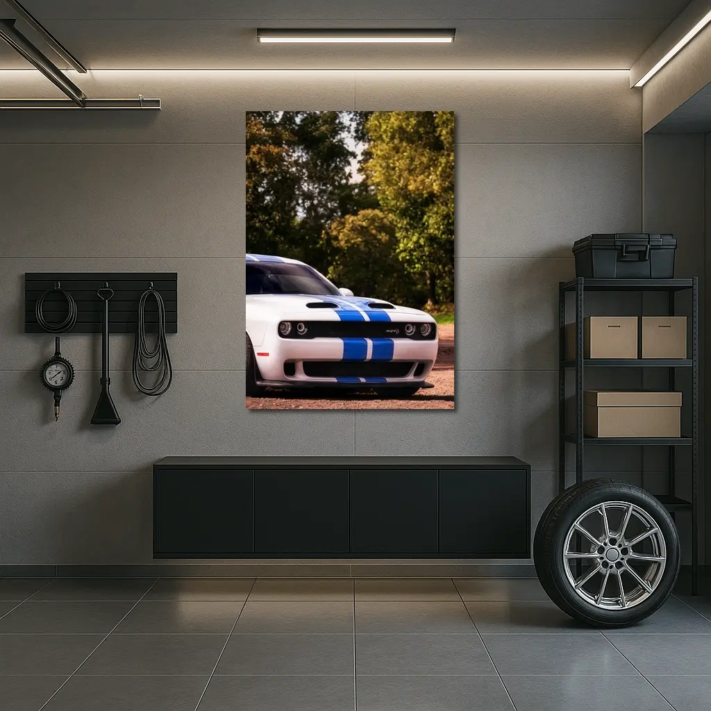 Dodge Challenger SRT White Blue Stripes Forest – Wall Art