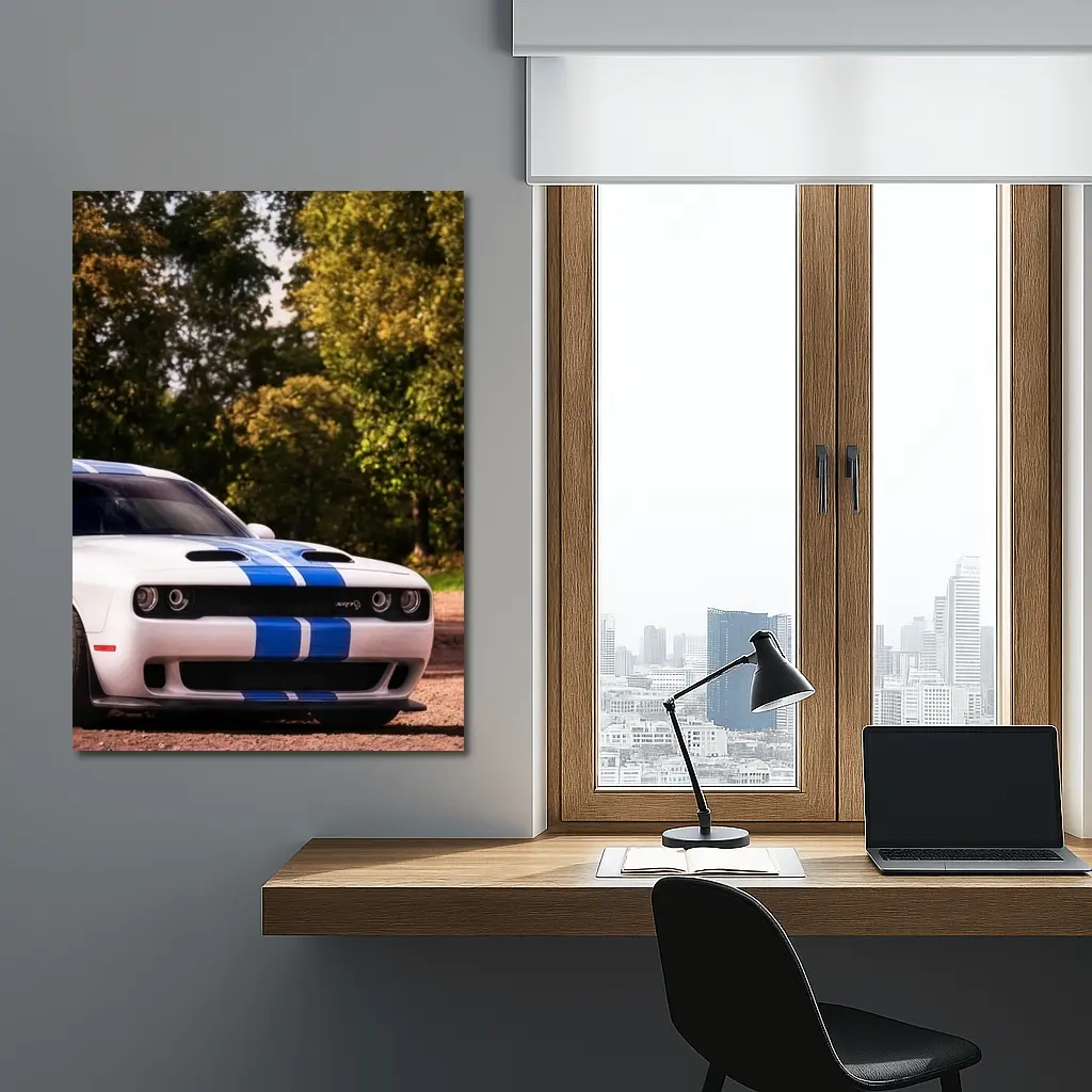 Dodge Challenger SRT White Blue Stripes Forest – Wall Art