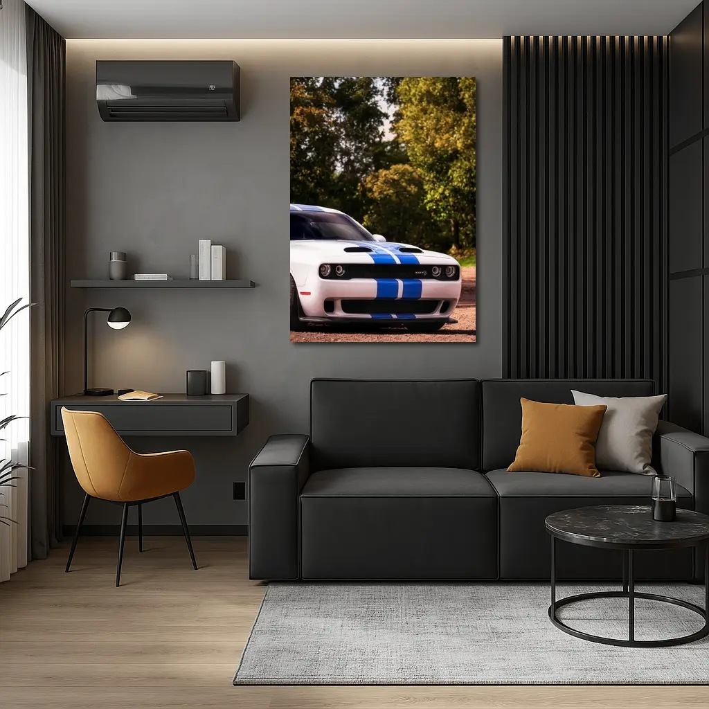 Dodge Challenger SRT White Blue Stripes Forest – Wall Art