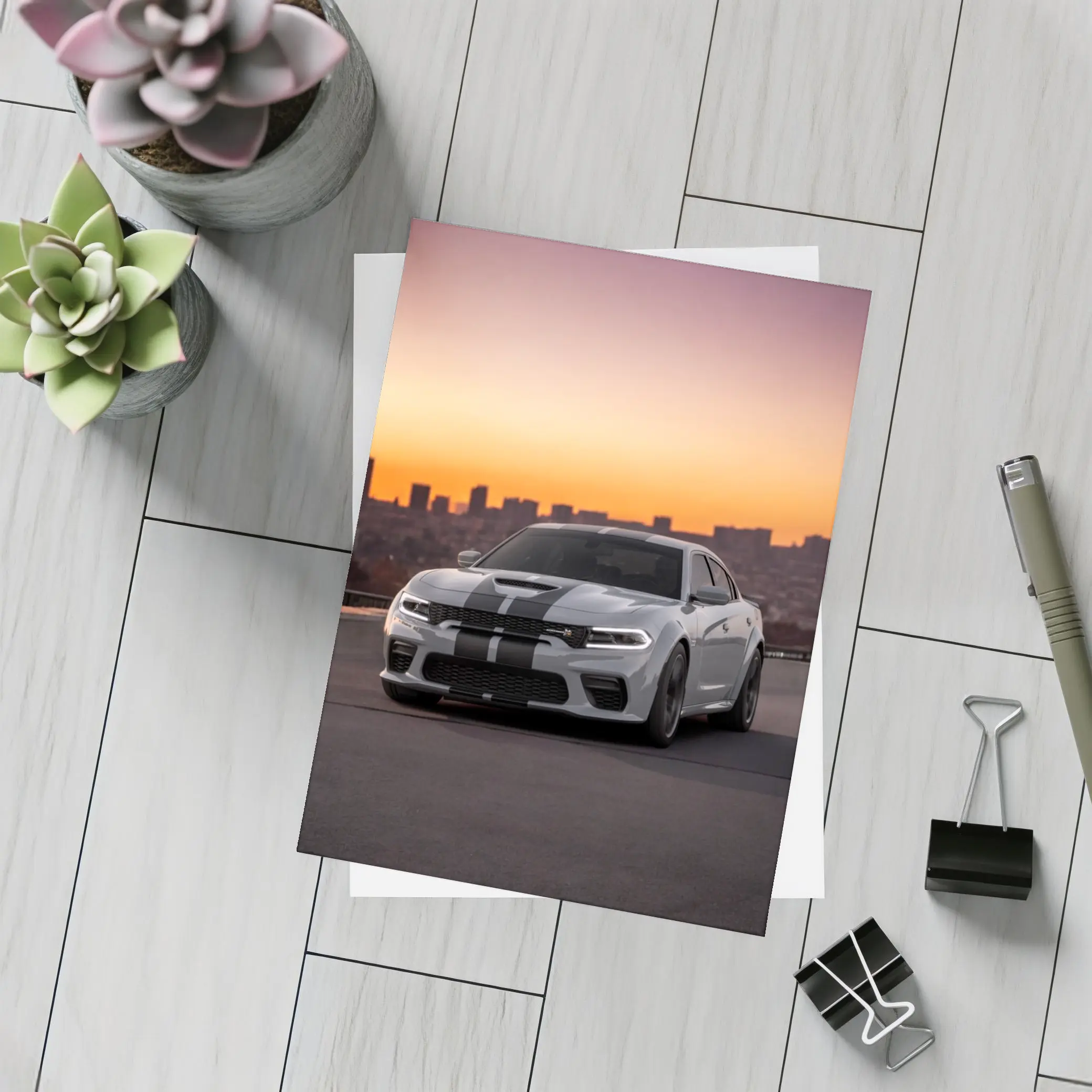 Dodge Charger Gray Stripes City Sunset – Postcards