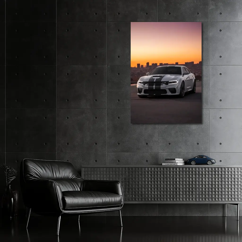 Dodge Charger Gray Stripes City Sunset – Wall Art