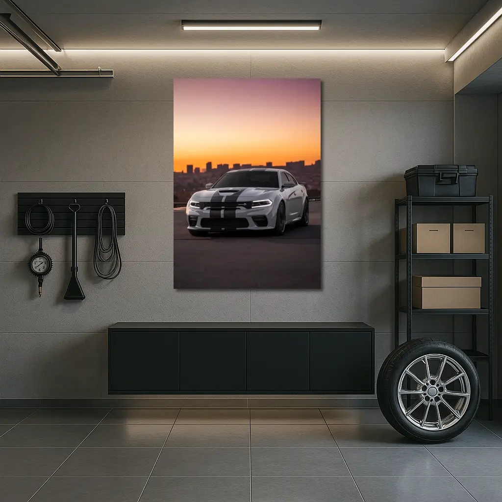 Dodge Charger Gray Stripes City Sunset – Wall Art