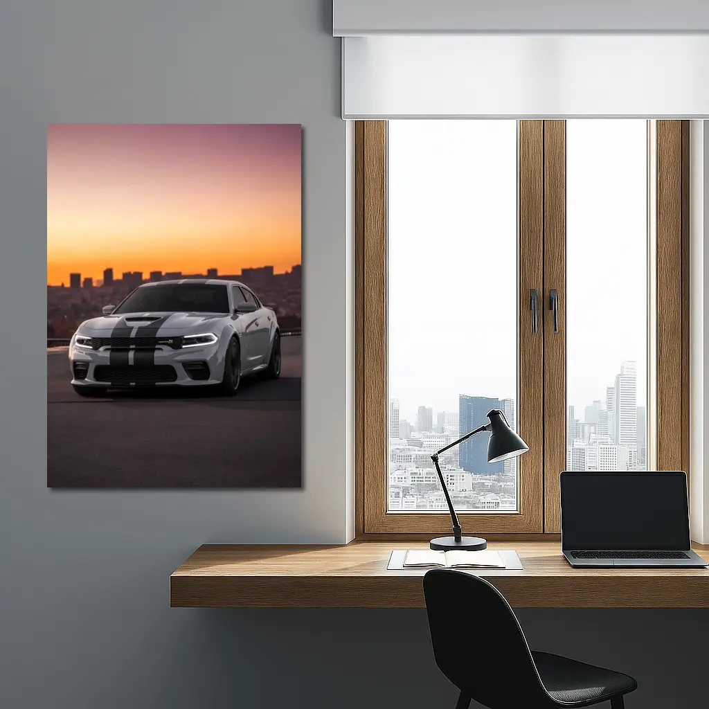 Dodge Charger Gray Stripes City Sunset – Wall Art