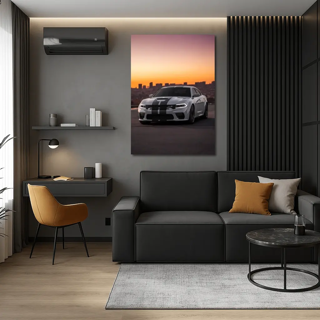Dodge Charger Gray Stripes City Sunset – Wall Art