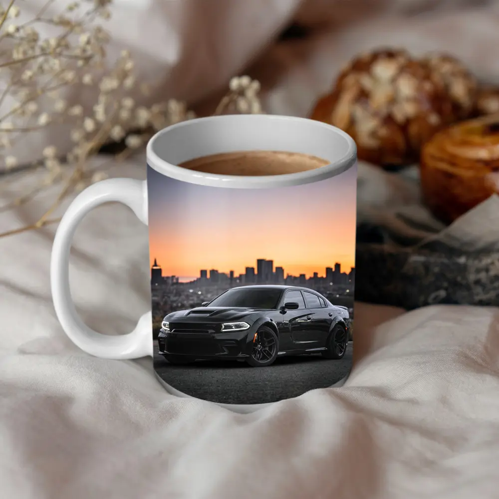Dodge Charger Black Muscle Car City Sunset – Mugs