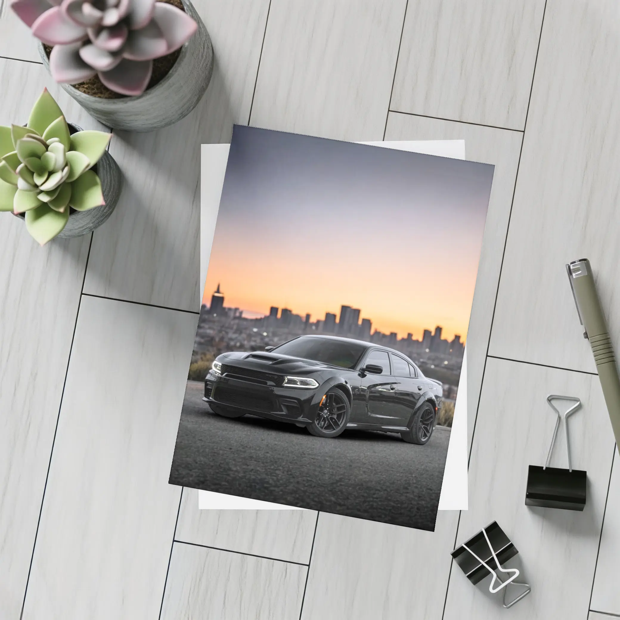 Dodge Charger Black Muscle Car City Sunset – Postcards