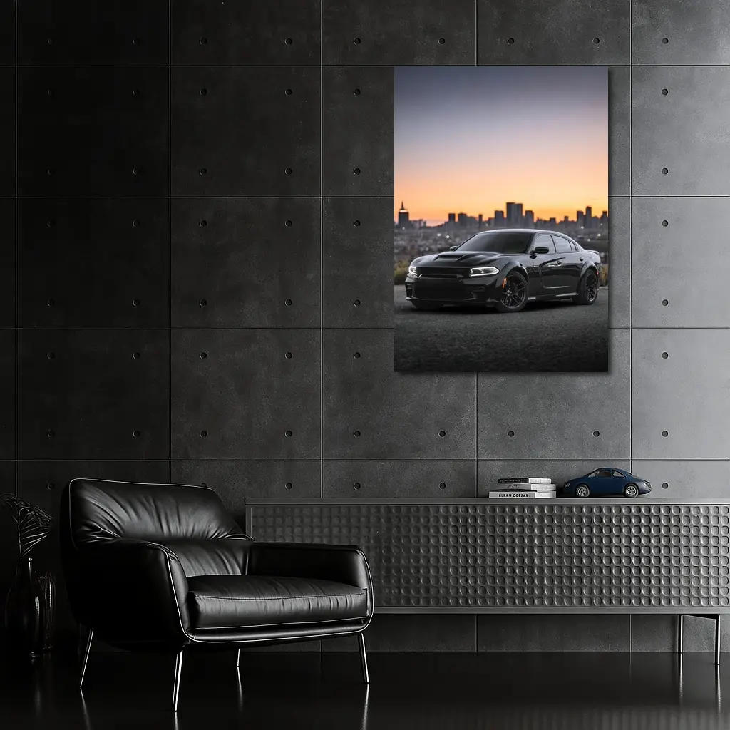 Dodge Charger Black Muscle Car City Sunset – Wall Art