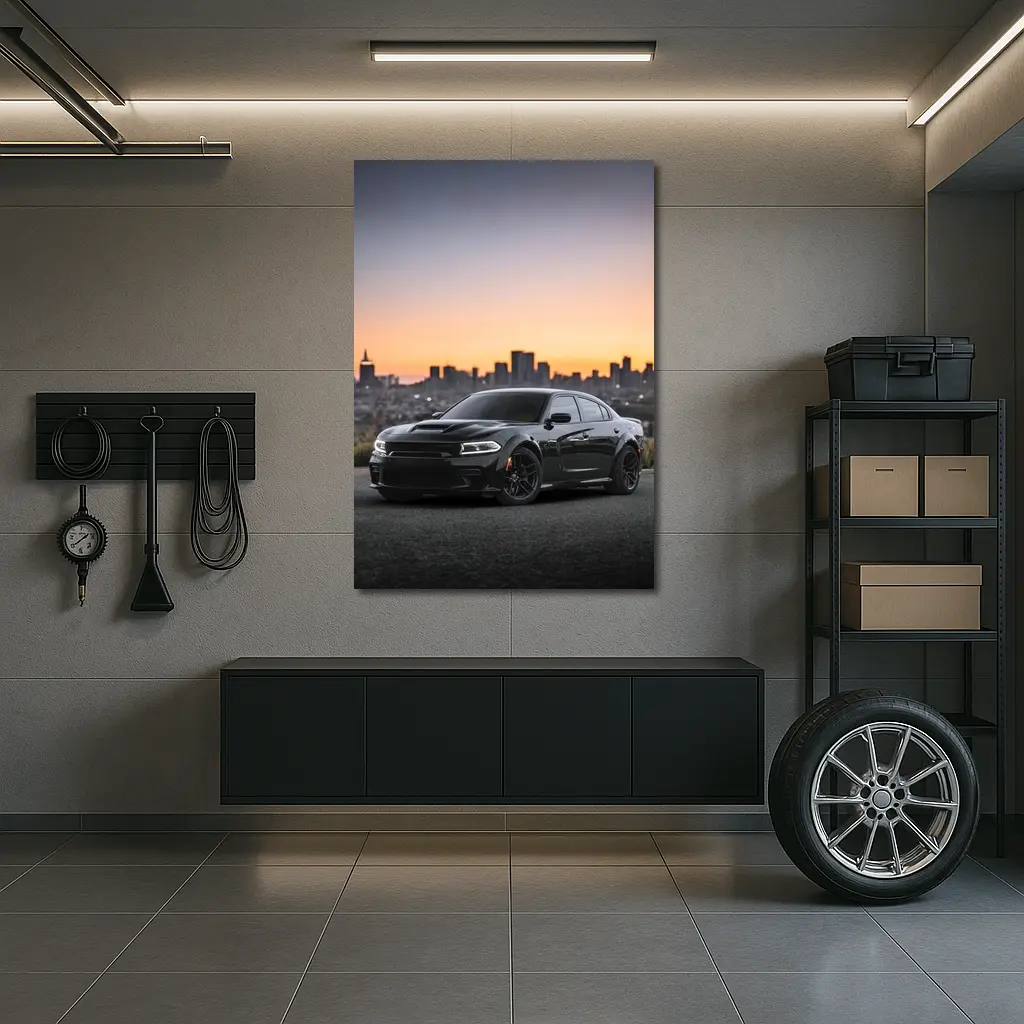 Dodge Charger Black Muscle Car City Sunset – Wall Art