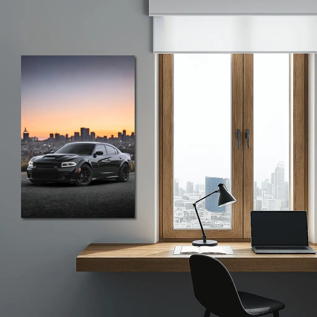 Dodge Charger Black Muscle Car City Sunset – Wall Art
