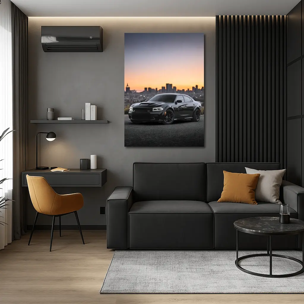 Dodge Charger Black Muscle Car City Sunset – Wall Art