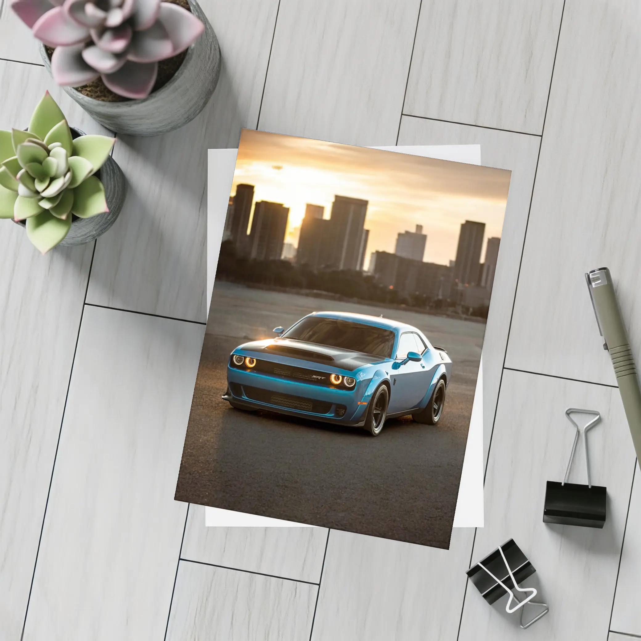 Dodge Challenger SRT Blue City Sunset – Postcards