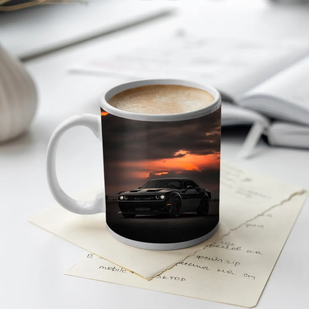 Dodge Challenger Black Muscle Car Sunset Sky – Mugs