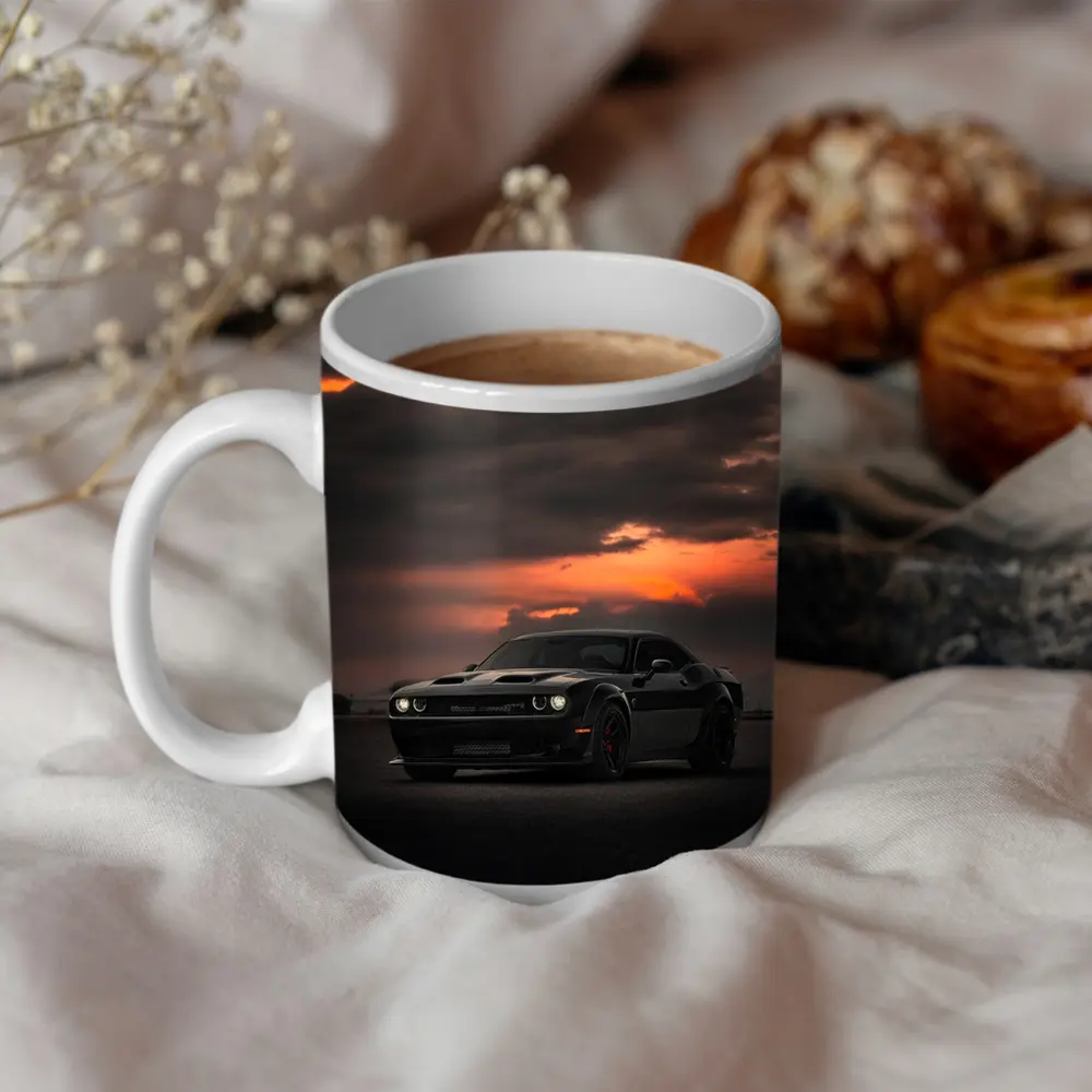 Dodge Challenger Black Muscle Car Sunset Sky – Mugs