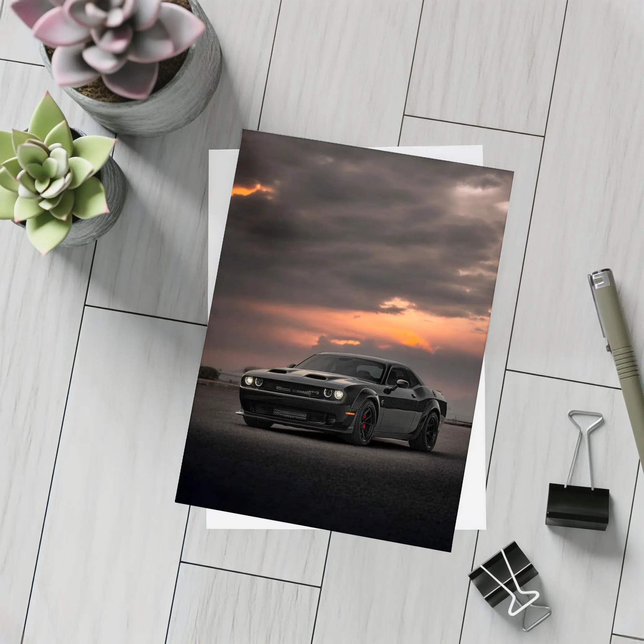 Dodge Challenger Black Muscle Car Sunset Sky – Postcards