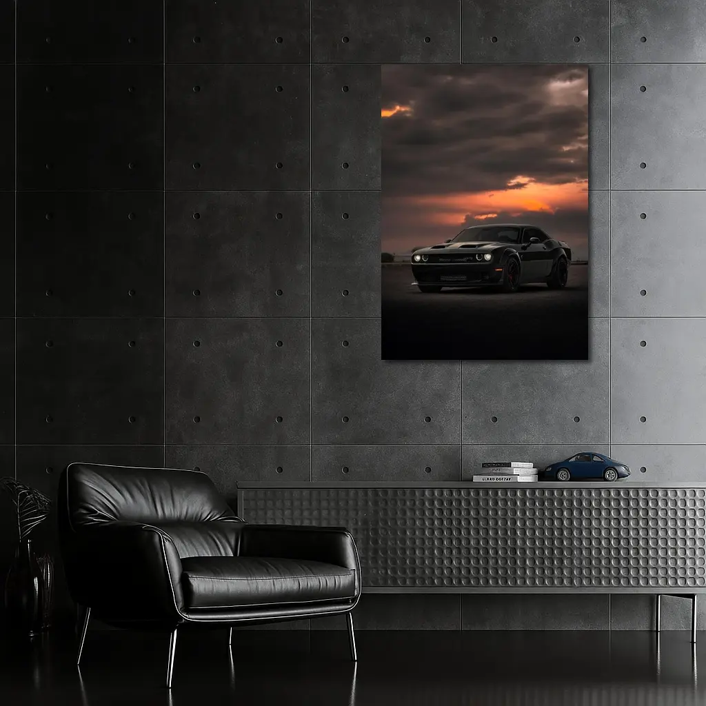 Dodge Challenger Black Muscle Car Sunset Sky – Wall Art