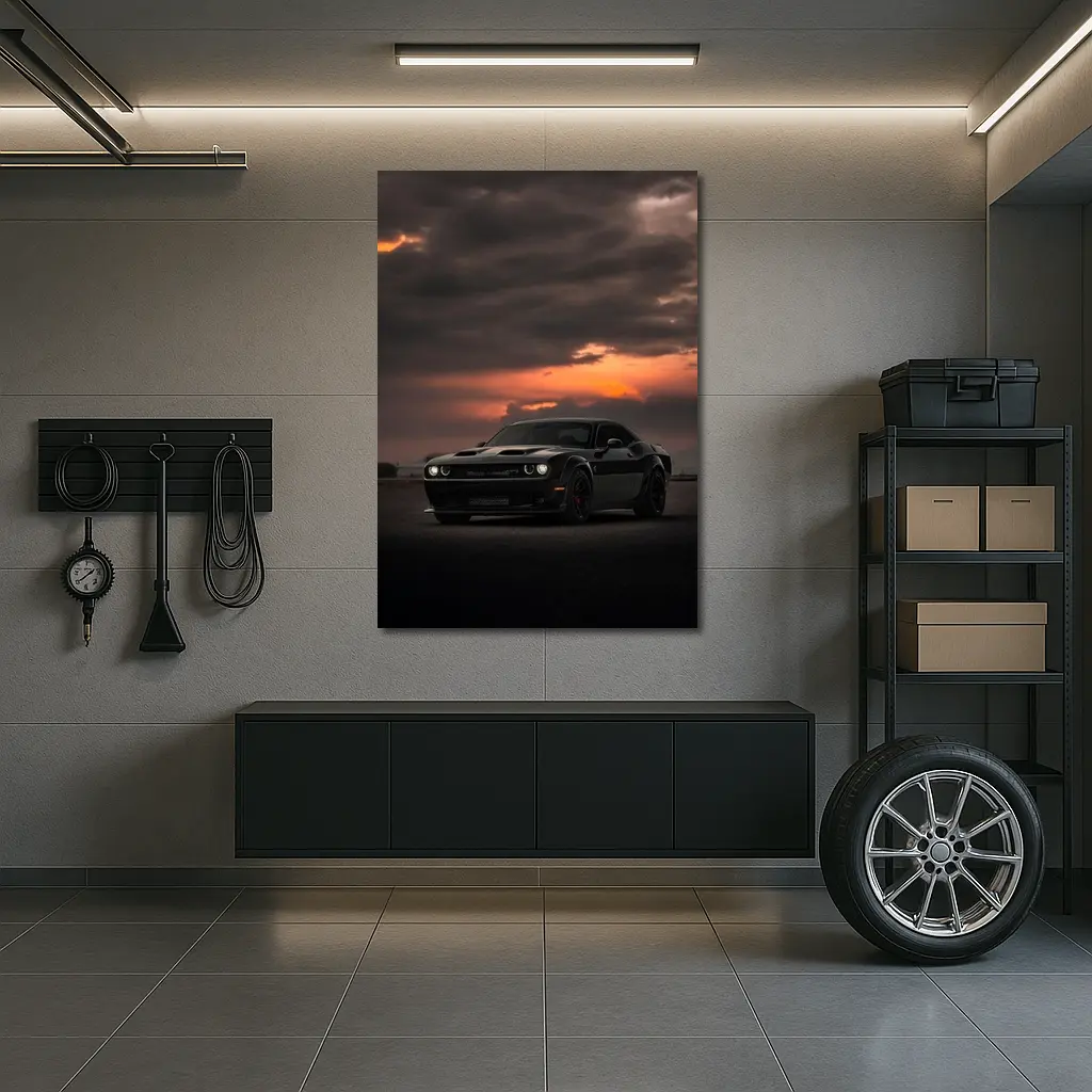 Dodge Challenger Black Muscle Car Sunset Sky – Wall Art