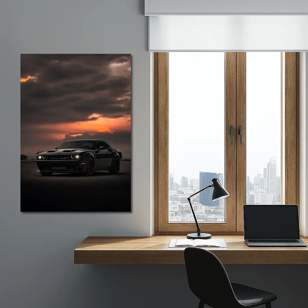 Dodge Challenger Black Muscle Car Sunset Sky – Wall Art
