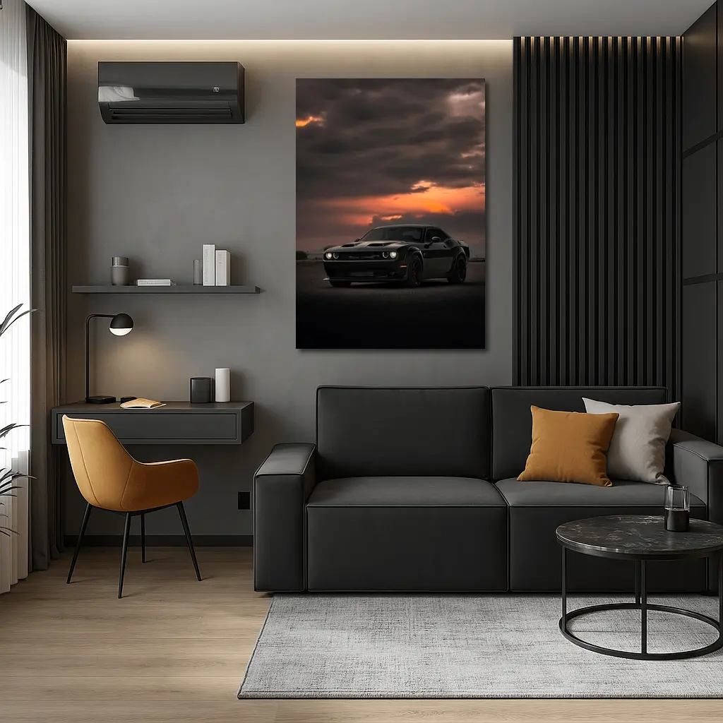 Dodge Challenger Black Muscle Car Sunset Sky – Wall Art