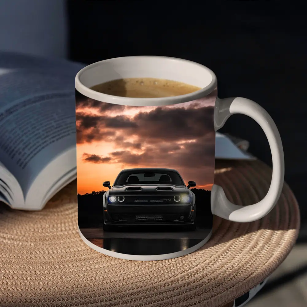 Dodge Challenger Black Muscle Car Sunset Sky – Mugs