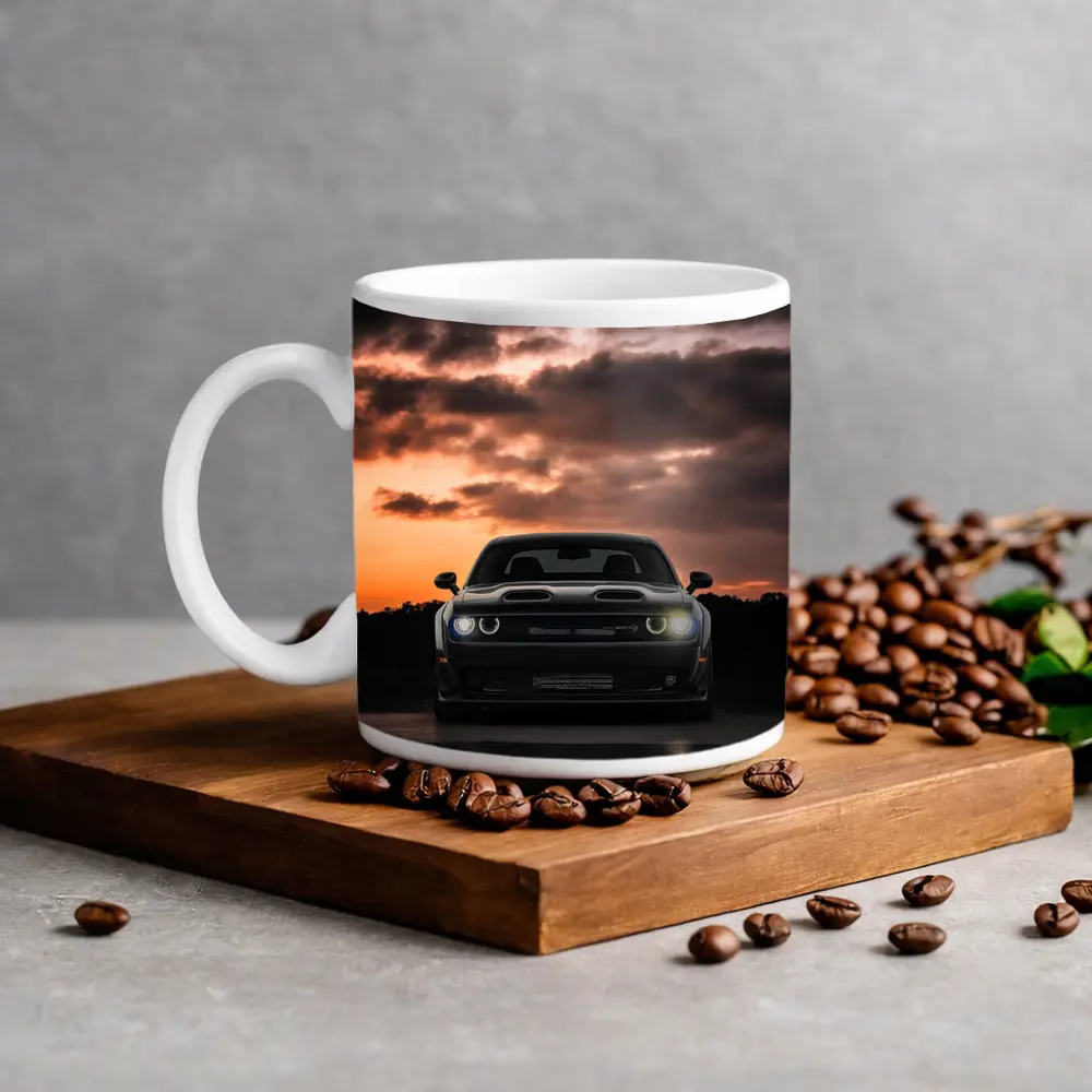 Dodge Challenger Black Muscle Car Sunset Sky – Mugs
