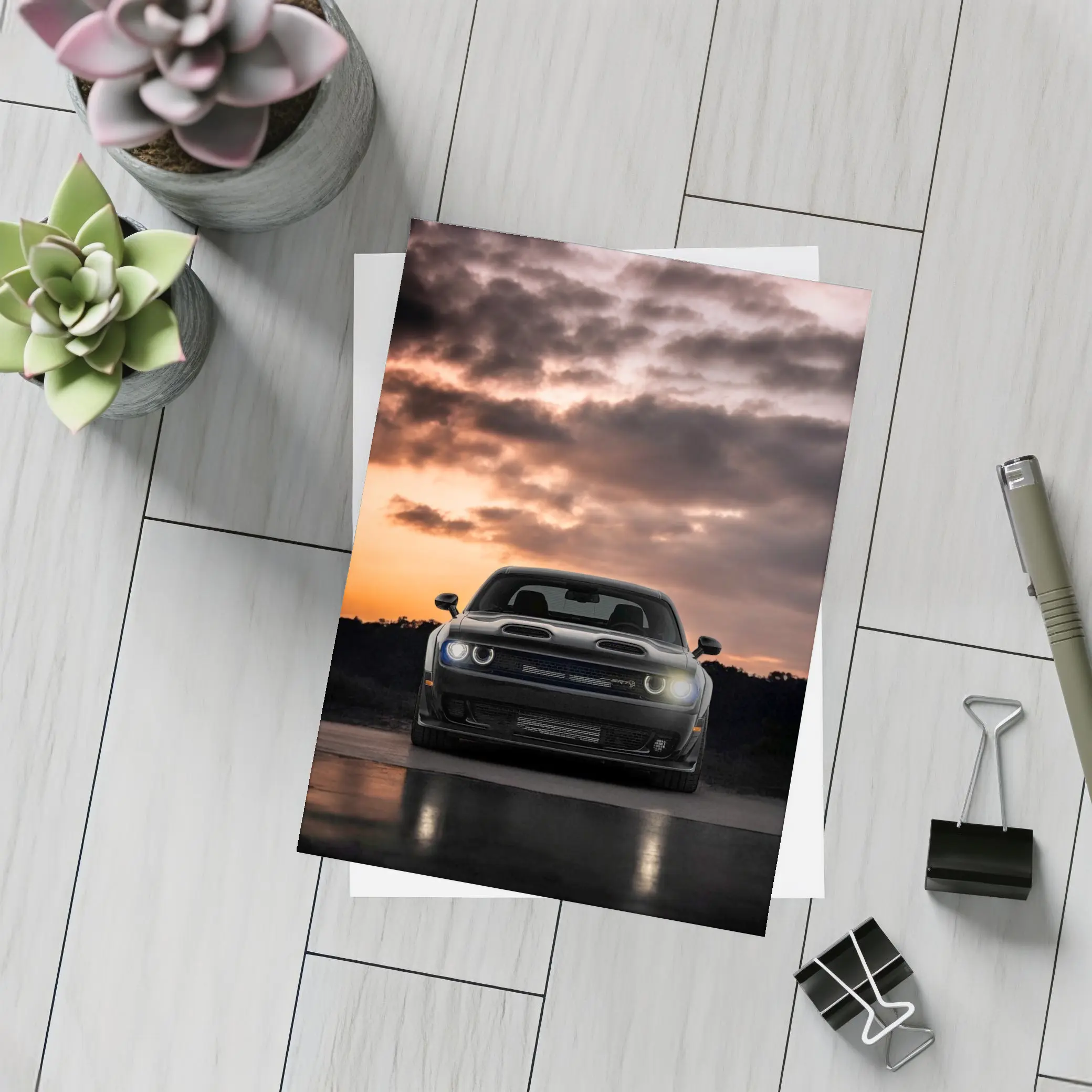 Dodge Challenger Black Muscle Car Sunset Sky – Postcards