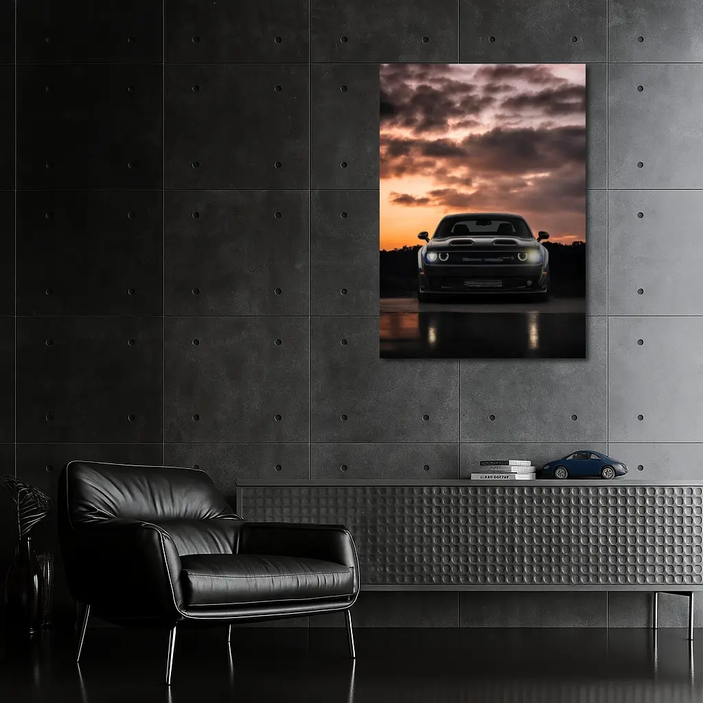Dodge Challenger Black Muscle Car Sunset Sky – Wall Art