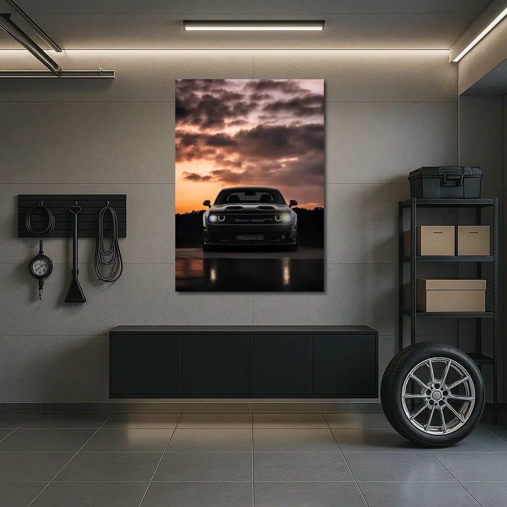Dodge Challenger Black Muscle Car Sunset Sky – Wall Art