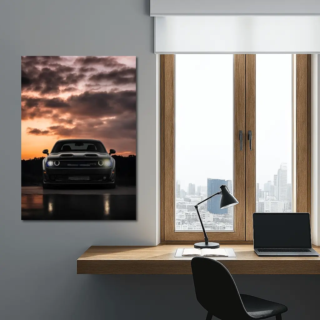 Dodge Challenger Black Muscle Car Sunset Sky – Wall Art
