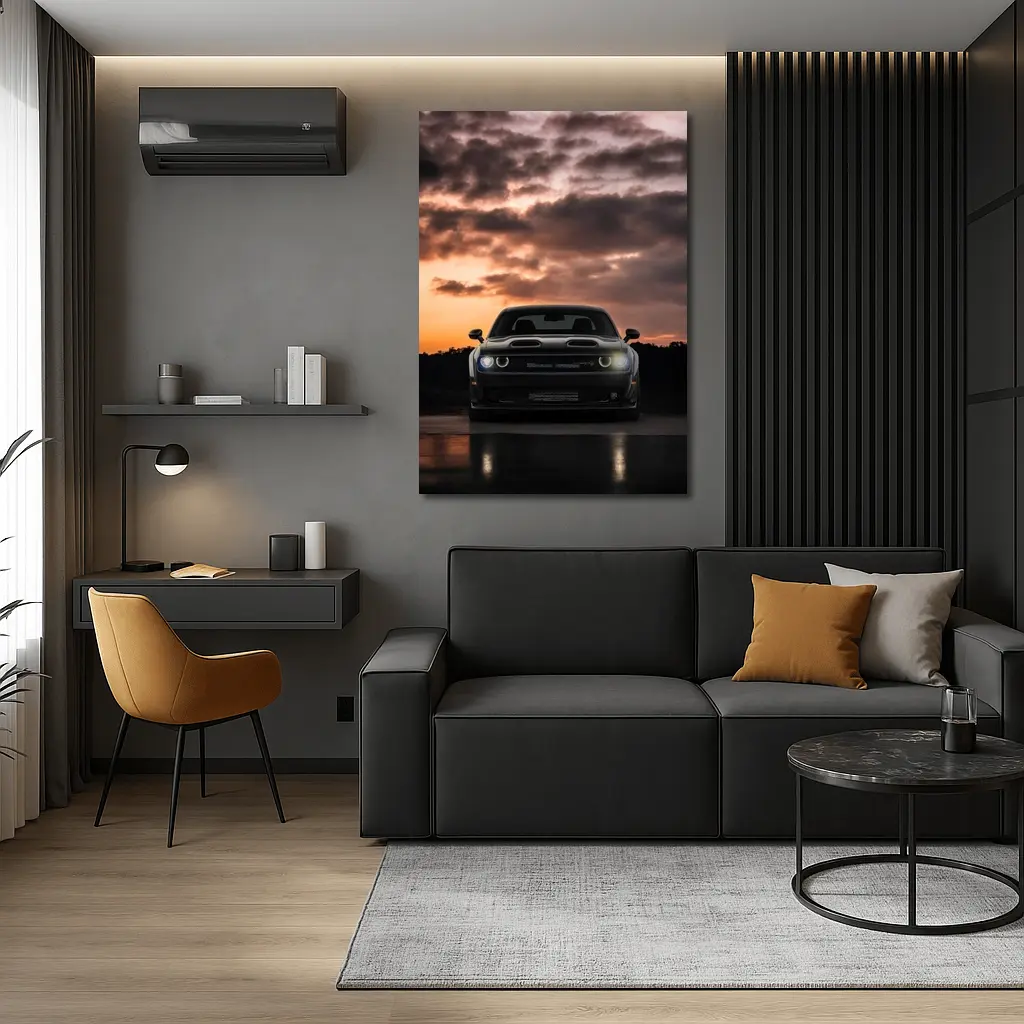 Dodge Challenger Black Muscle Car Sunset Sky – Wall Art