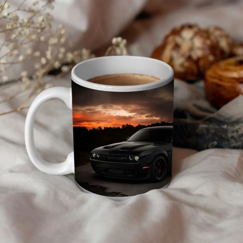Dodge Challenger Black Muscle Car Sunset – Mugs