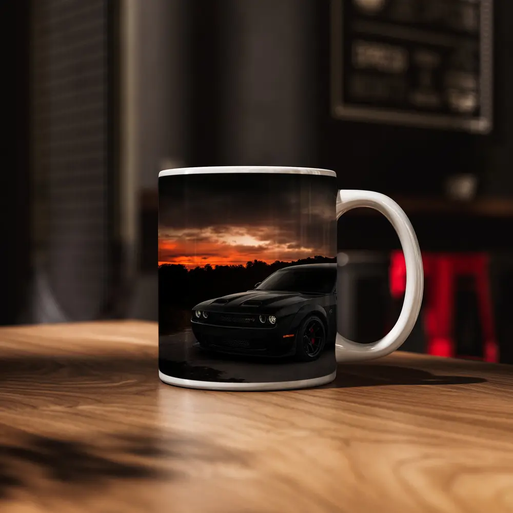 Dodge Challenger Black Muscle Car Sunset – Mugs