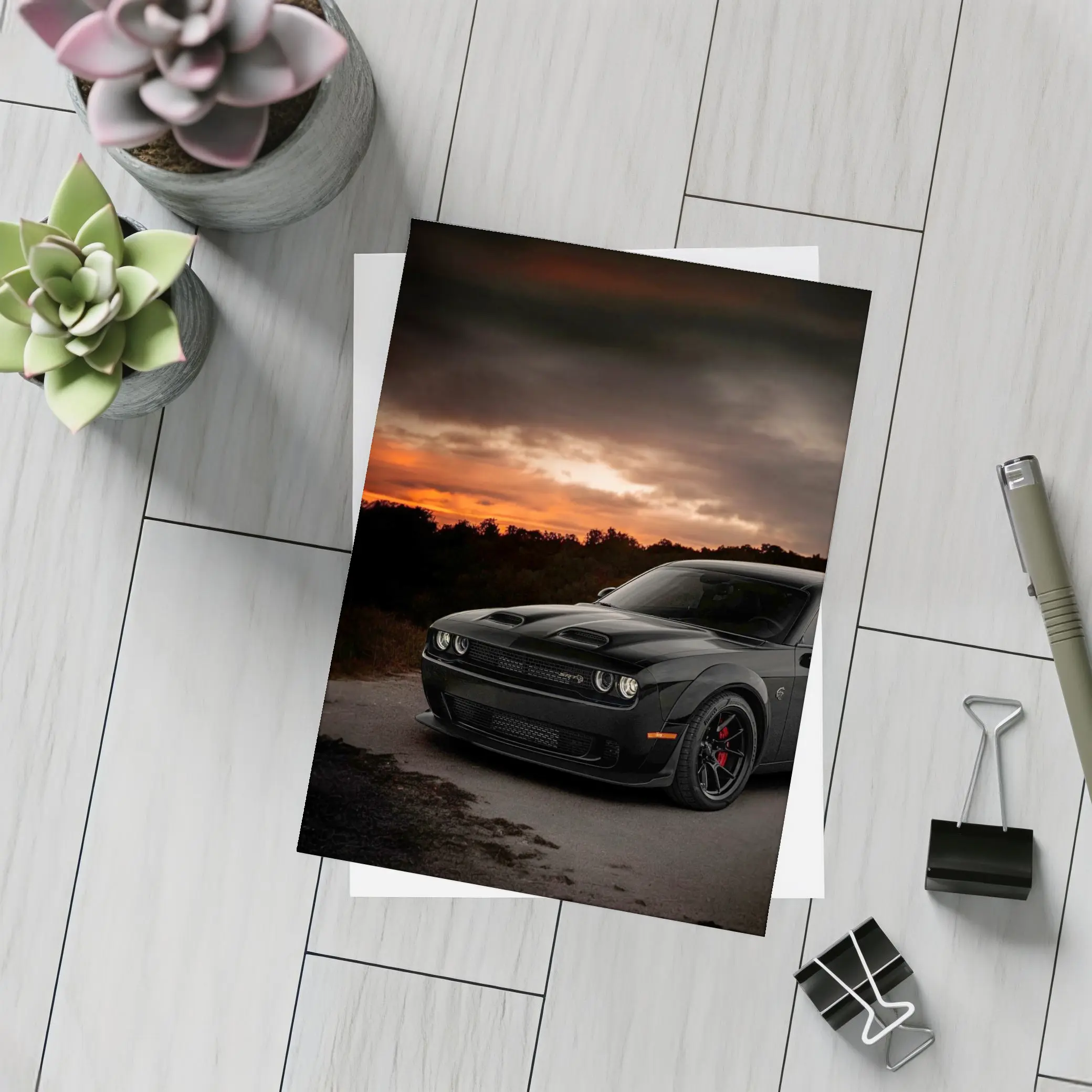 Dodge Challenger Black Muscle Car Sunset – Postcards