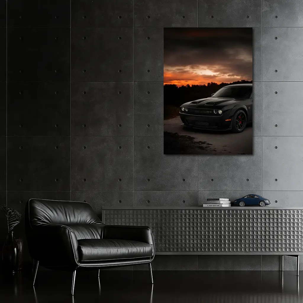 Dodge Challenger Black Muscle Car Sunset – Wall Art
