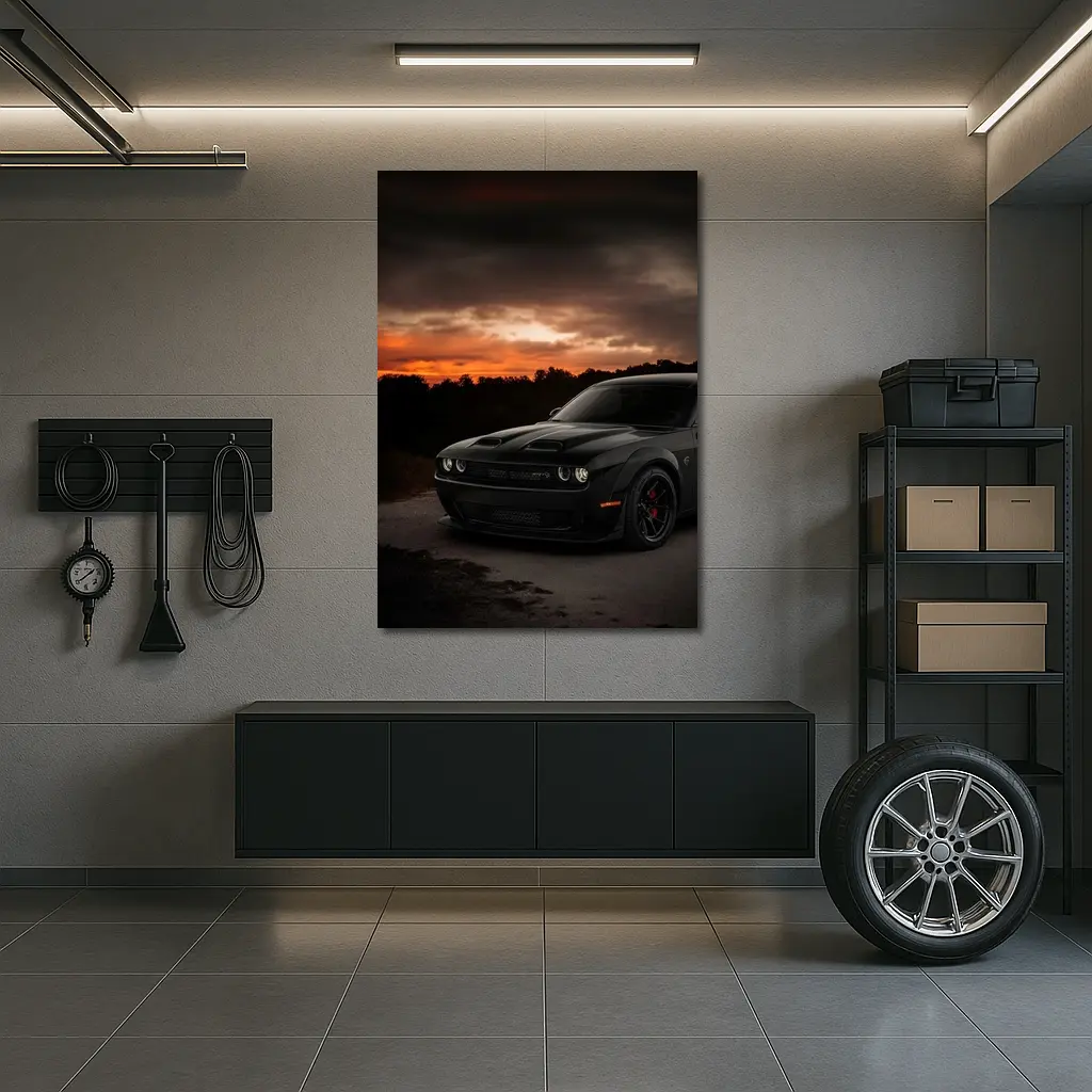 Dodge Challenger Black Muscle Car Sunset – Wall Art