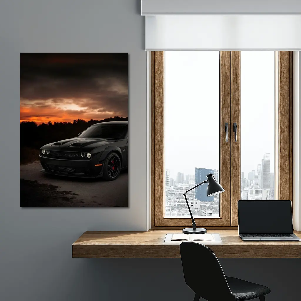 Dodge Challenger Black Muscle Car Sunset – Wall Art