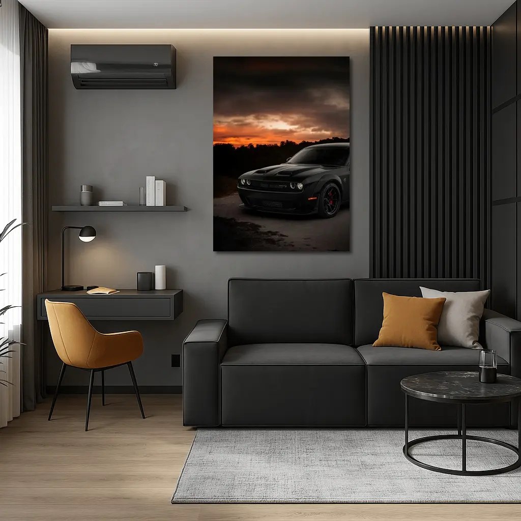 Dodge Challenger Black Muscle Car Sunset – Wall Art