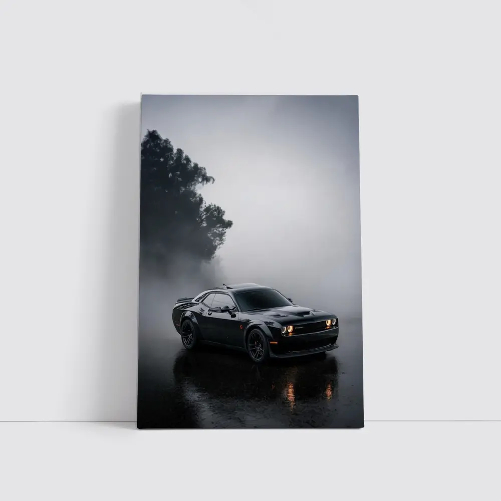 Dodge Challenger Black Muscle Car Foggy Night – Wall Art