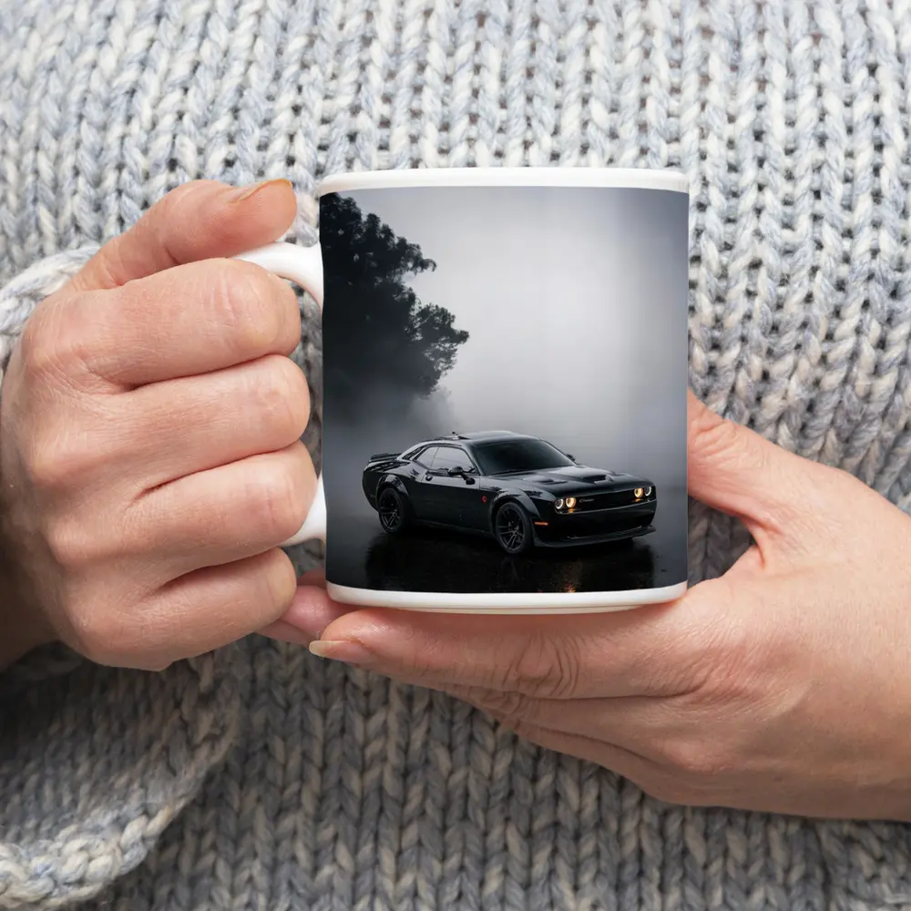 Dodge Challenger Black Muscle Car Foggy Night – Mugs