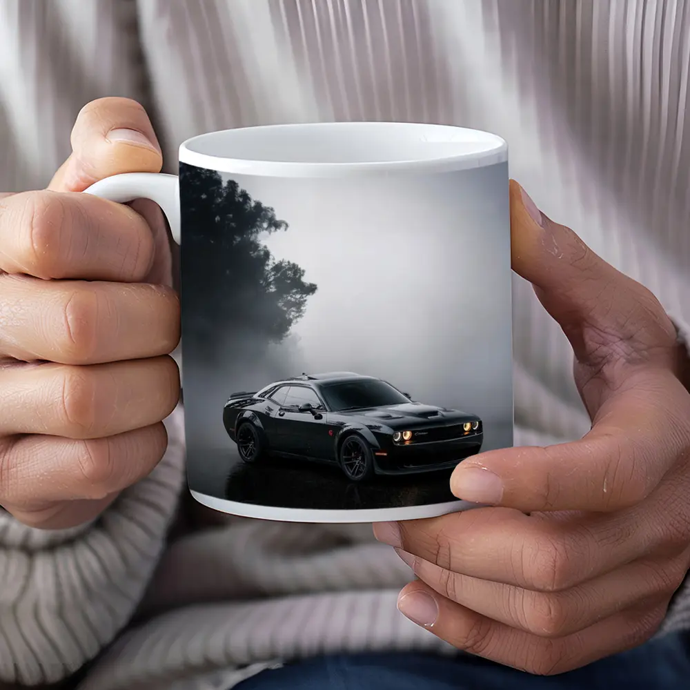 Dodge Challenger Black Muscle Car Foggy Night – Mugs