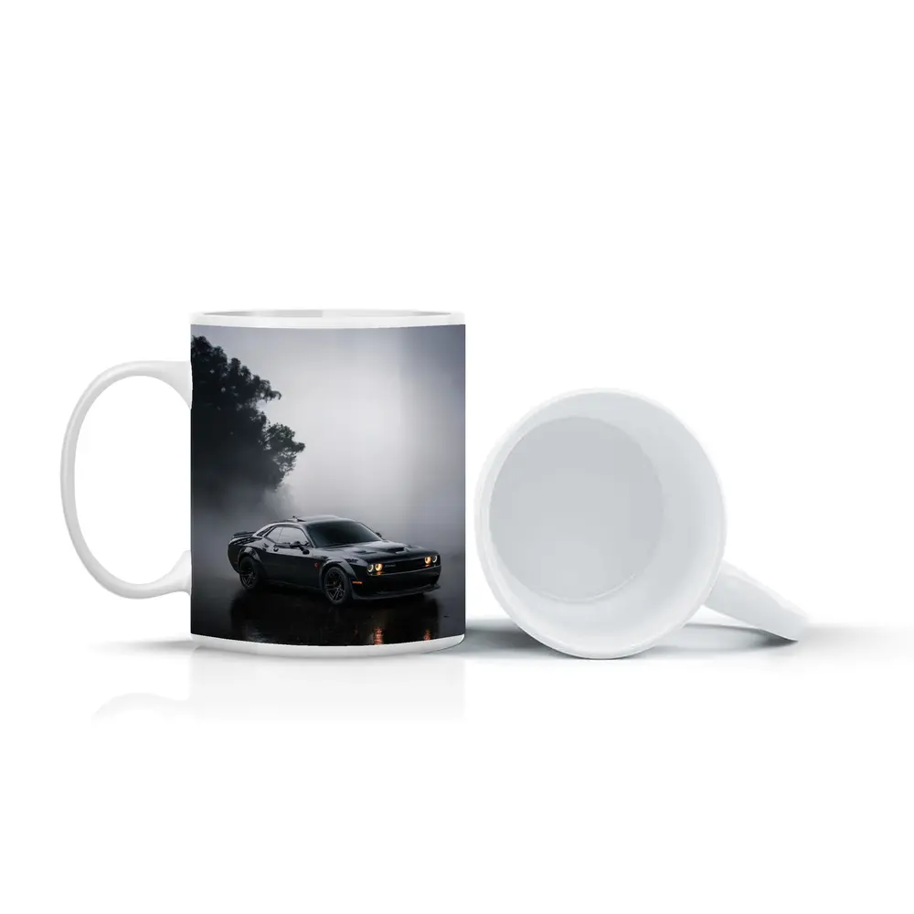 Dodge Challenger Black Muscle Car Foggy Night – Mugs