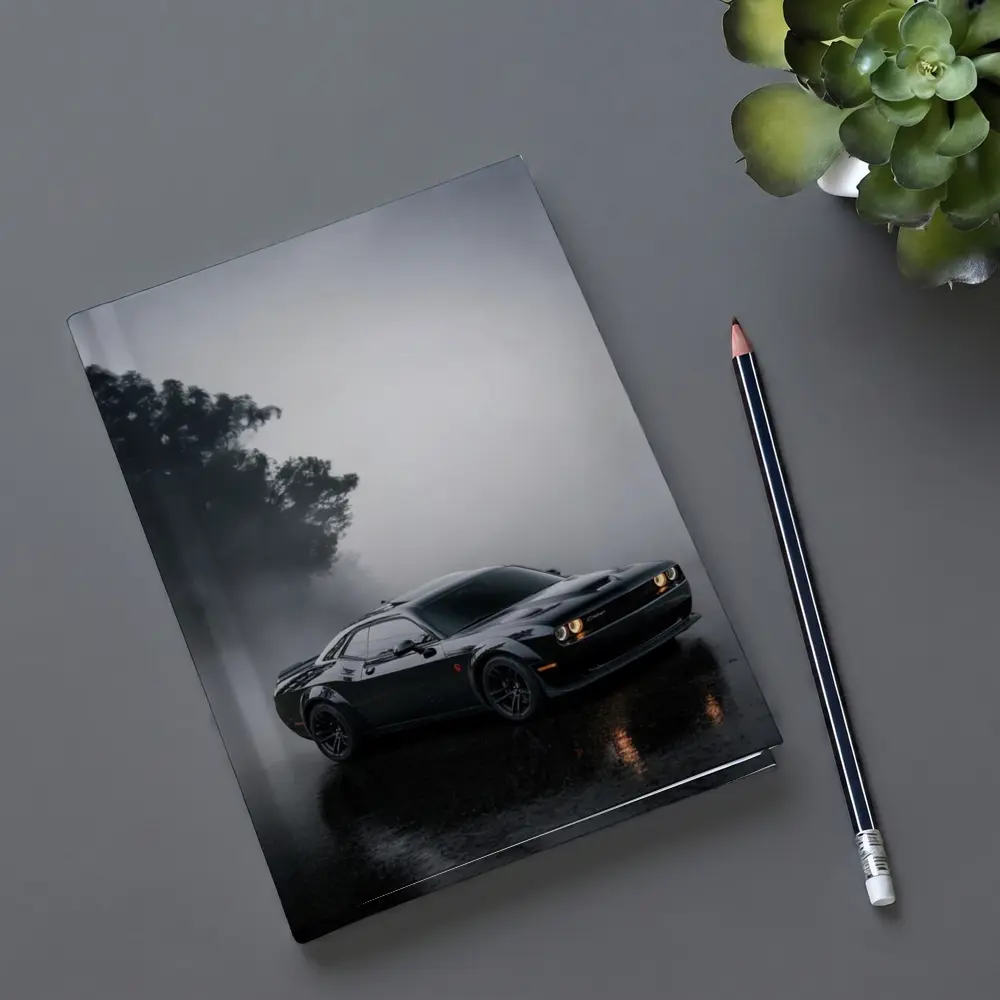 Dodge Challenger Black Muscle Car Foggy Night – Notebooks