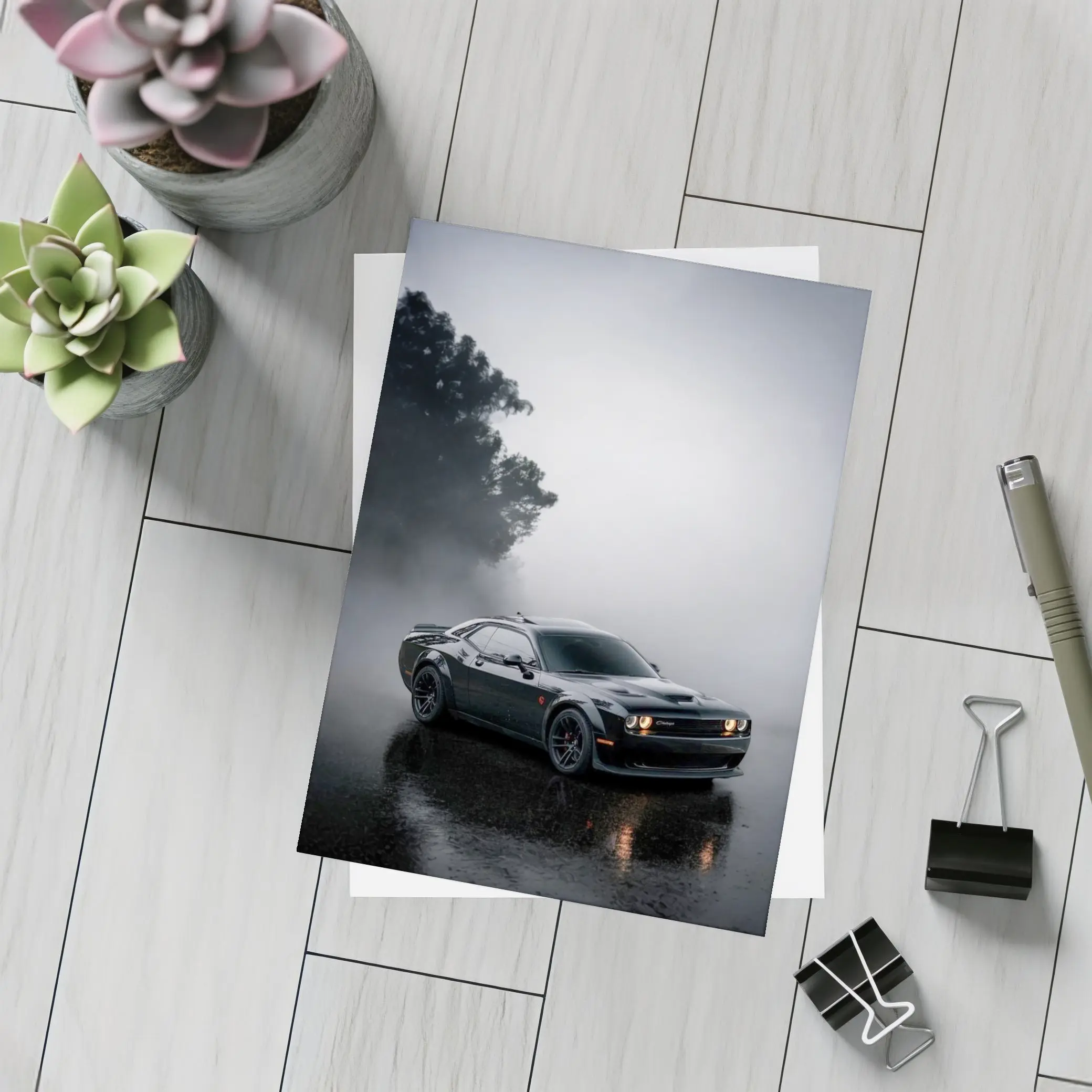 Dodge Challenger Black Muscle Car Foggy Night – Postcards