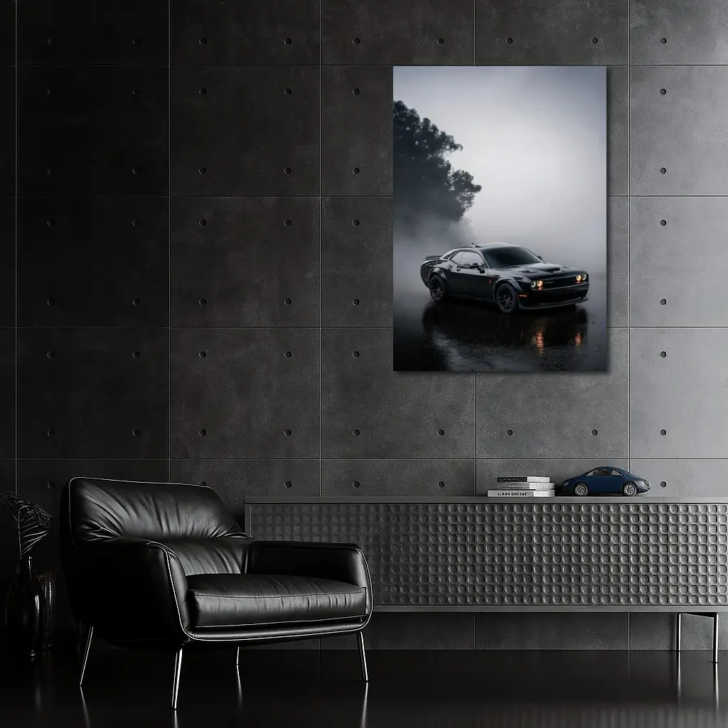 Dodge Challenger Black Muscle Car Foggy Night – Wall Art