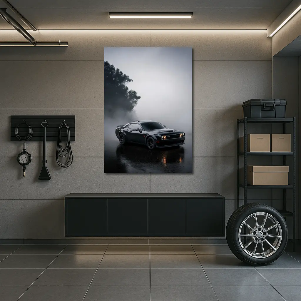 Dodge Challenger Black Muscle Car Foggy Night – Wall Art
