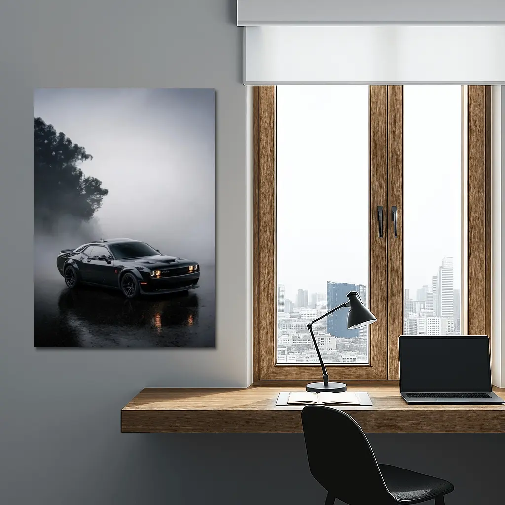 Dodge Challenger Black Muscle Car Foggy Night – Wall Art