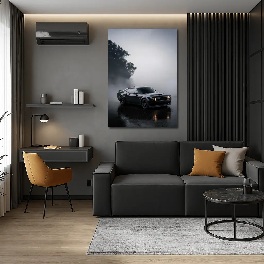 Dodge Challenger Black Muscle Car Foggy Night – Wall Art