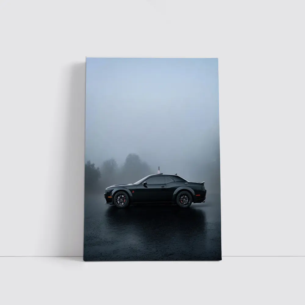 Dodge Challenger Black Muscle Car Foggy Day – Wall Art