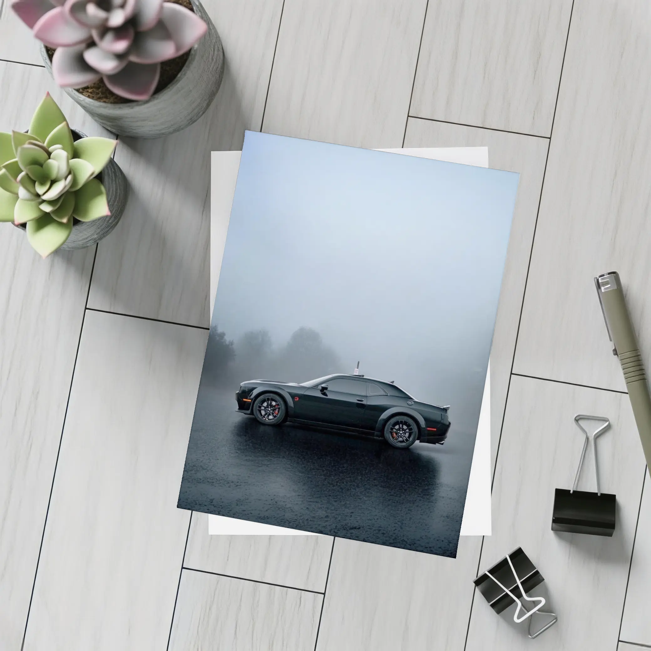 Dodge Challenger Black Muscle Car Foggy Day – Postcards