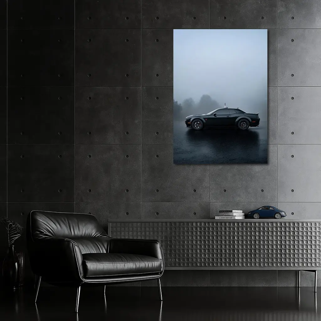 Dodge Challenger Black Muscle Car Foggy Day – Wall Art