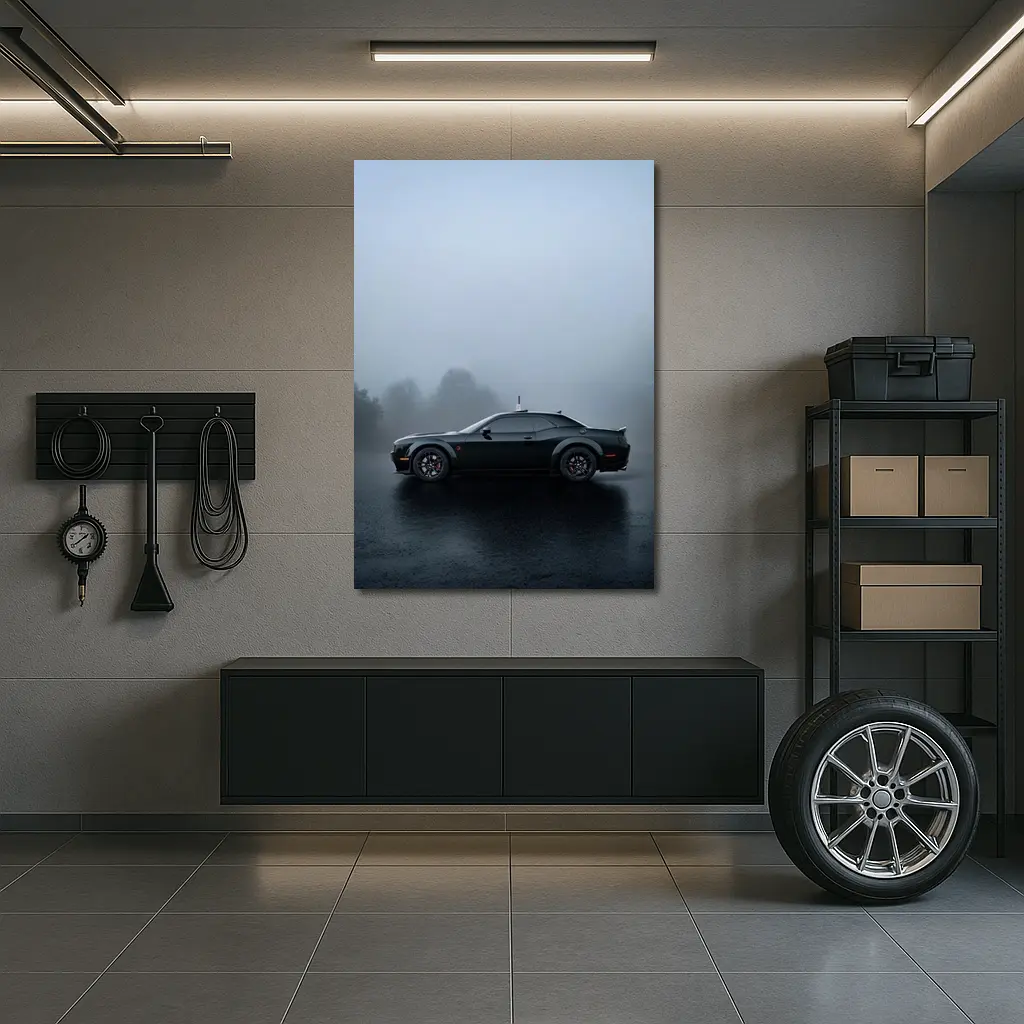 Dodge Challenger Black Muscle Car Foggy Day – Wall Art